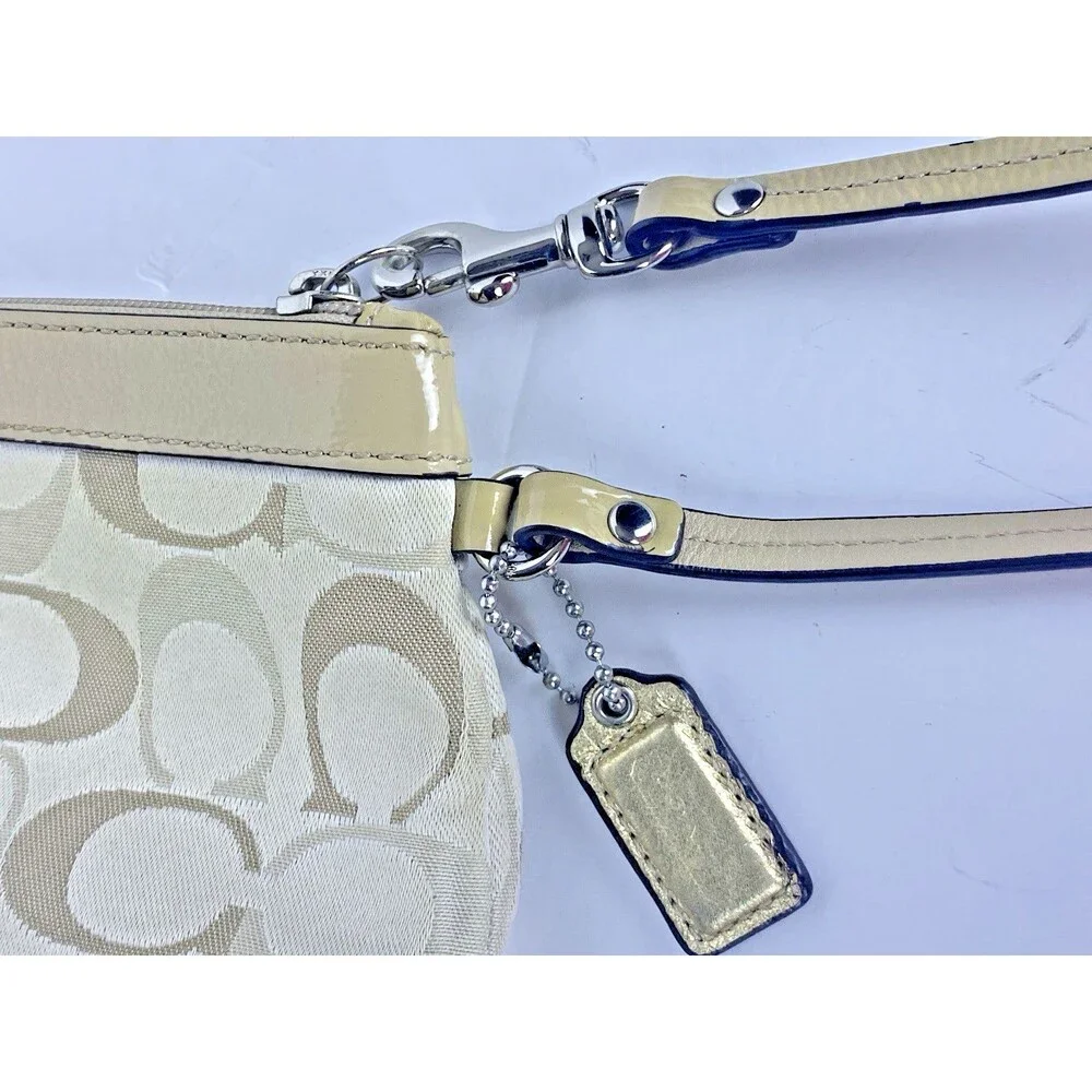 Coach Wristlet F43434 Pleated Sateen Signature C Logo Tan/Beige with Brown liner